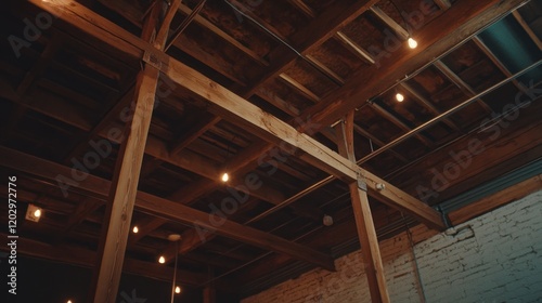 Wooden Beams Ceiling With Edison Bulbs Lighting
