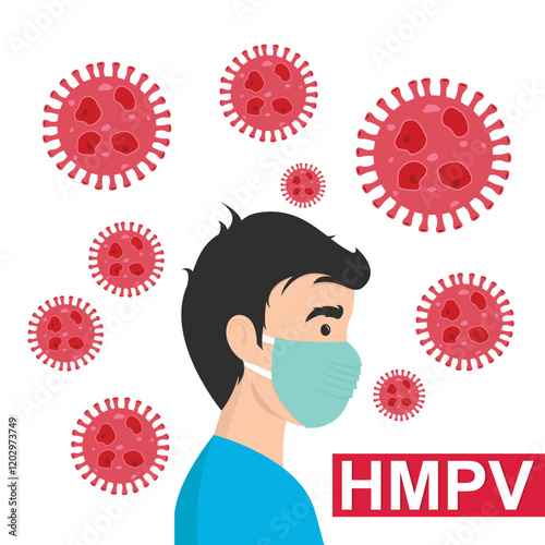 Man wearing medical mask to protect HMPV, human metapneumovirus, COVID-19 or prevent disease, flu, air pollution, contaminated air, world pollution concept.