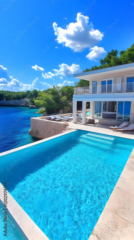 Fototapeta premium Luxury Villa with Infinity Pool Overlooks Tranquil Blue Ocean under Sunny Sky