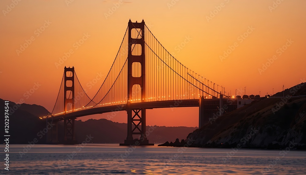 Golden Suspension Bridge at Twilight Spanning Calm Waters with Hills in the Background Golden Suspension Bridge at Twilight Spanning Calm Waters with Hills in the Background