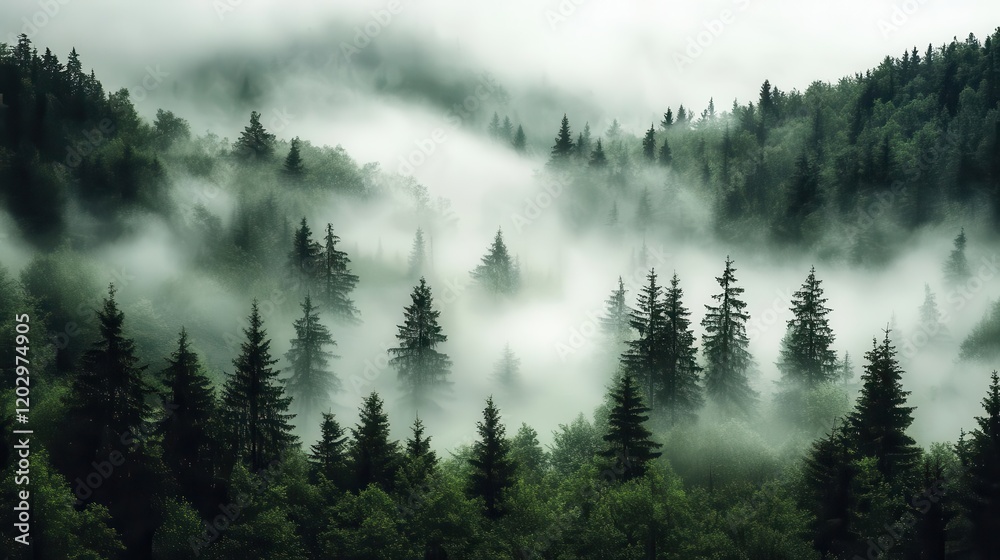 Winter scene showing a dense forest of tall pine trees shrouded in mist, creating an ethereal, cold, and mystical atmosphere Winter scene showing a dense forest of tall pine trees shrouded in mist, creating an ethereal, cold, and mystical atmosphere