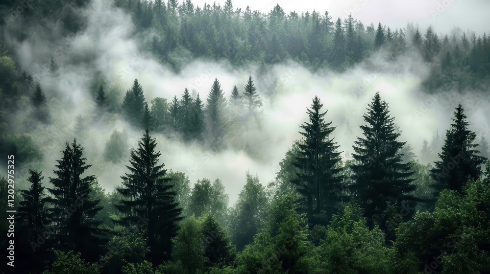 Winter scene showing a dense forest of tall pine trees shrouded in mist, creating an ethereal, cold, and mystical atmosphere Winter scene showing a dense forest of tall pine trees shrouded in mist, creating an ethereal, cold, and mystical atmosphere
