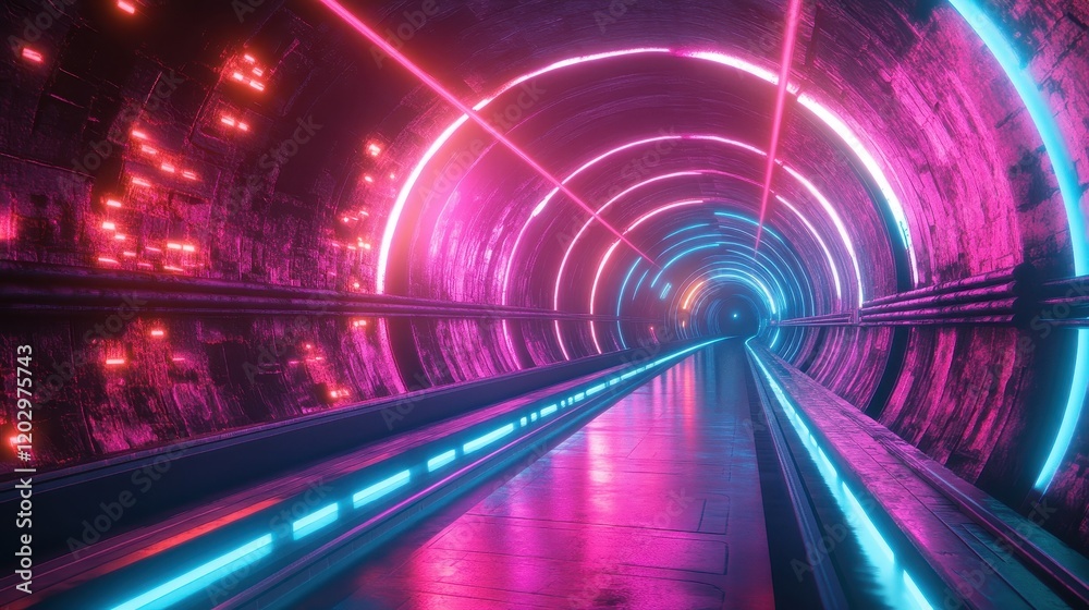 Neon lights illuminate long train track inside tunnel urban landscape Neon lights illuminate long train track inside tunnel urban landscape