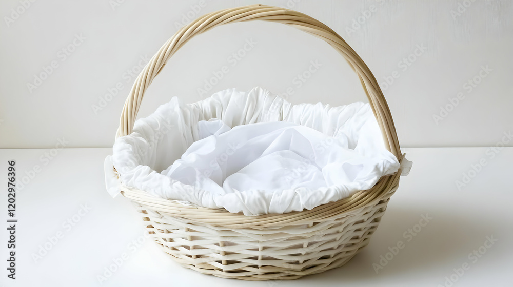 Wicker Basket Holds White Cloth Gently on a Clean White Surface Background