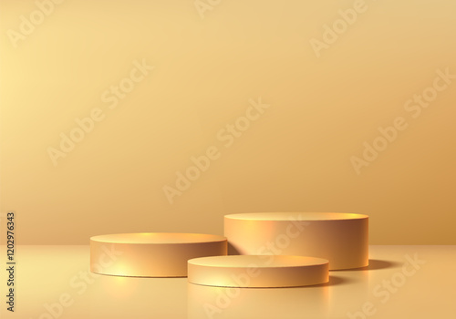 3D golden round podium set background in luxury style. Abstract geometric composition in minimalist design. 3D studio display showroom product pedestal, Fashion stage showcase mockup wall scene.