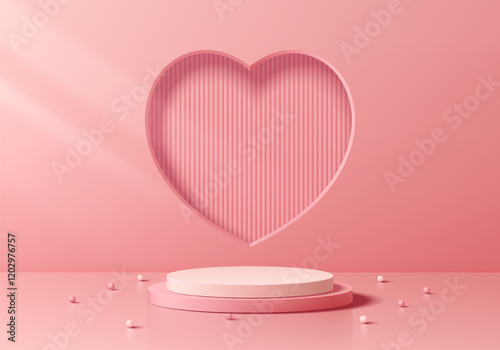 Valentine 3D pink podium background with heart shape window. Abstract geometric composition in minimalist design. Studio display showroom stands product pedestal, Fashion stage showcase mockup scene.