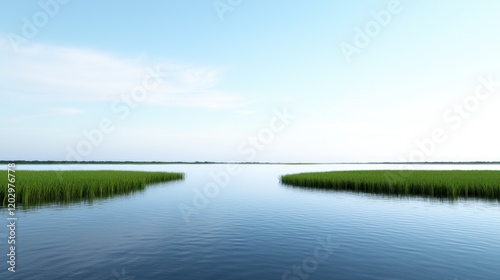 Tranquil Lake with Lush Vegetation photo