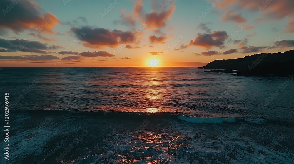 Stunning sunset view over ocean waves crashing on the shore with a silhouette of coastal cliffs Peaceful atmosphere. Stunning sunset view over ocean waves crashing on the shore with a silhouette of coastal cliffs Peaceful atmosphere.