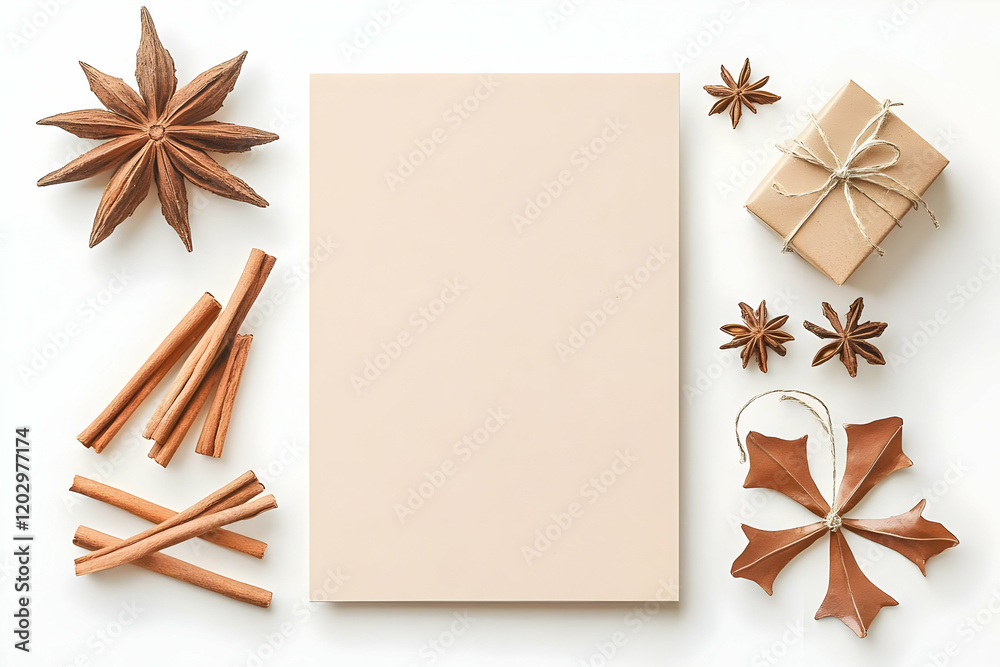 Blank Card Mockup Surrounded by Cinnamon Sticks, Star Anise, Gift Box, and Wooden Ornament Beautifully on White Background Blank Card Mockup Surrounded by Cinnamon Sticks, Star Anise, Gift Box, and Wooden Ornament Beautifully on White Background