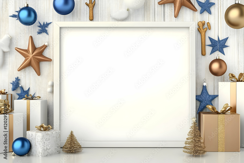 Obraz premium 3D Christmas Mockup Frame with Gifts, Ornaments, and Golden Fir Trees Elegantly Placed