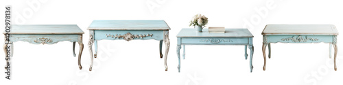 A collection of vintage shabby chic wooden tables with ornate floral carvings and distressed aged finishes in a cozy elegant home decor setting  These repurposed