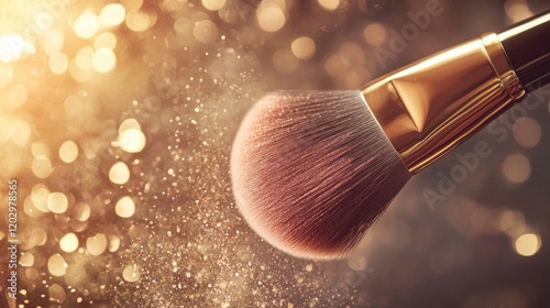 Golden Makeup Brush Applying Shimmery Powder photo