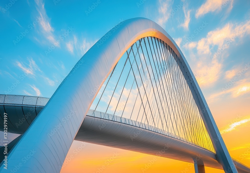 Fototapeta premium Majestic Modern Bridge Against a Colorful Sunset Sky, Showcasing Architectural Design and Engineering Ingenuity for Urban Landscapes and Infrastructure Projects