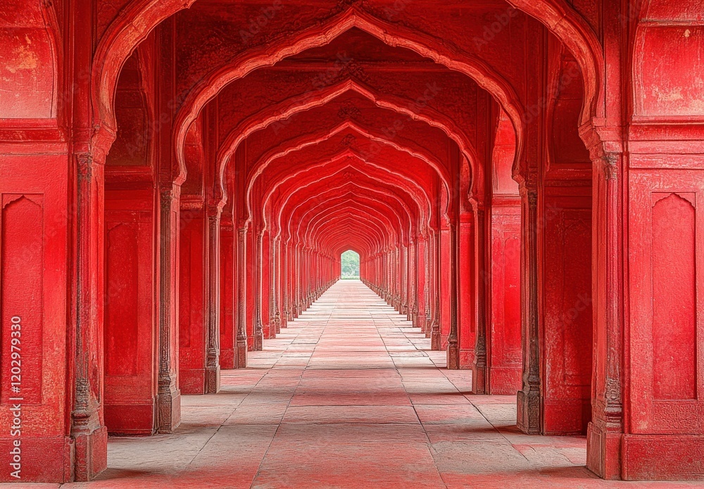 Majestic Red Archways Creating a Dramatic Perspective in an Intricately Designed Architectural Hallway, Invoking a Sense of Depth and Serenity