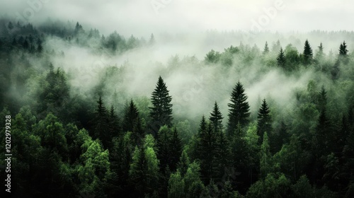 Winter scene showing a dense forest of tall pine trees shrouded in mist, creating an ethereal, cold, and mystical atmosphere