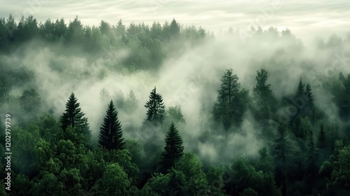 Winter scene showing a dense forest of tall pine trees shrouded in mist, creating an ethereal, cold, and mystical atmosphere