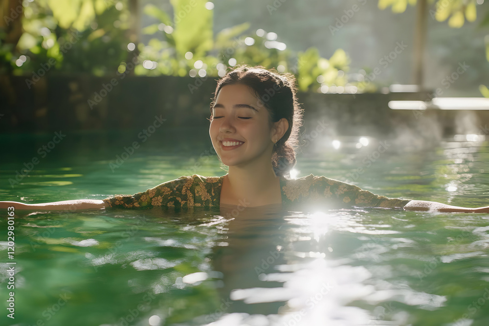 Fototapeta premium Woman relaxes in a green pool surrounded by lush greenery and enjoys the tranquility of nature.