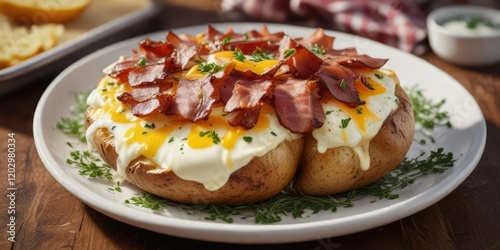 Wallpaper Mural Baked potato topped with a generous helping of crispy bacon, melted cheese, sour cream, and chives on a plate, tasty, comforting meal Torontodigital.ca