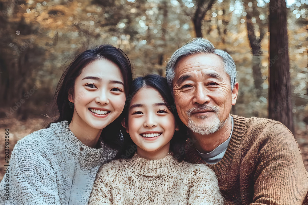Three Generations Smiling Together for a Portrait Outdoors, Autumn background Three Generations Smiling Together for a Portrait Outdoors, Autumn background