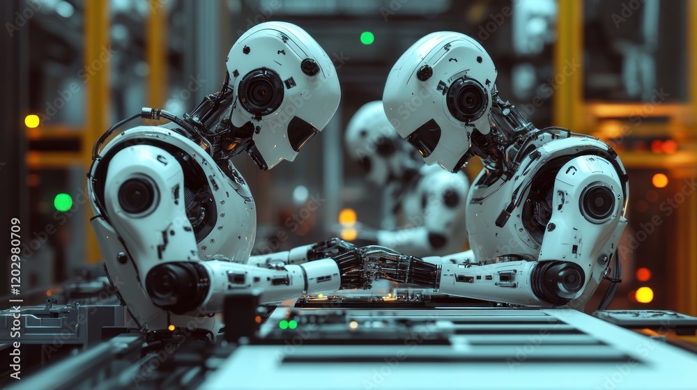 Fototapeta premium Two Advanced Robots Collaborate on Precision Assembly