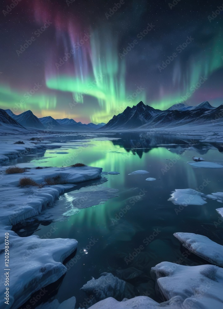 Fototapeta premium Aurora borealis shimmering on the frozen lake, dancing, motion