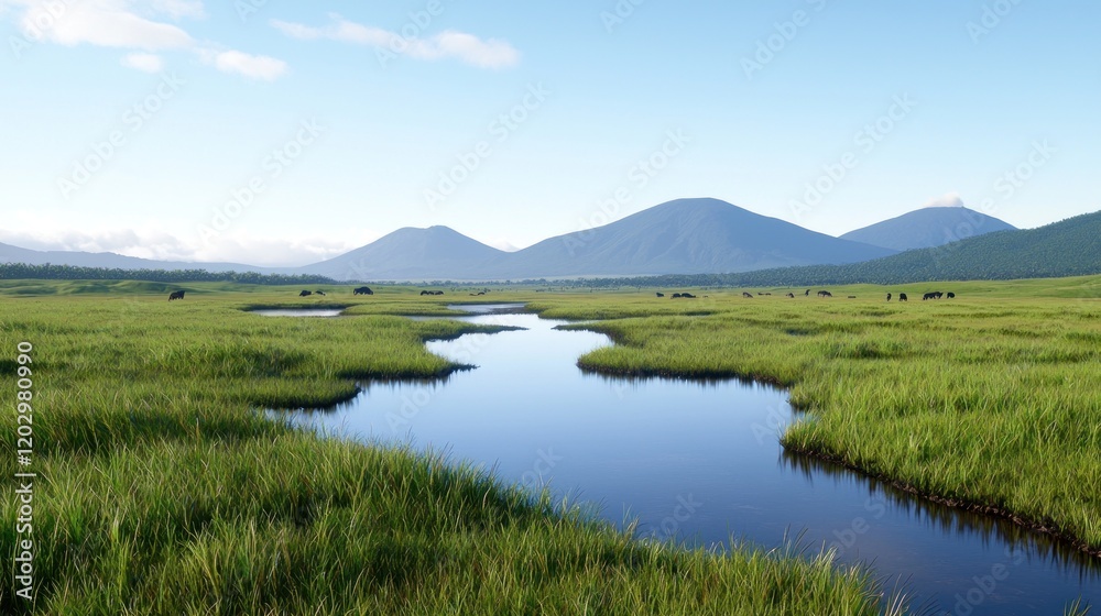 Fototapeta premium Tranquil Grassland River Landscape