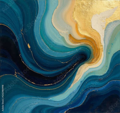 Abstract painting with gold lines and brushstrokes of blue tones
