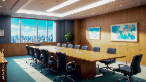 Daytime meeting room interior in Japanese anime style. Vivid and bright colors. Skyscrapers and blue sky seen through windows. 