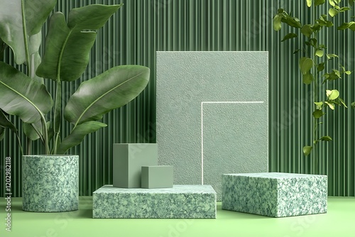 Elegant Green Display Podiums with Plants