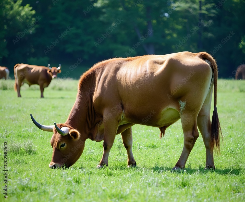 Brown cows grazing in a green field