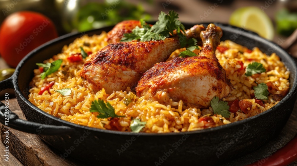 Traditional Mexican arroz con pollo with rice and chicken. Featuring a hearty and flavorful dish. Highlighting the texture and spices of the arroz con pollo. Ideal for food and cultural themes. Traditional Mexican arroz con pollo with rice and chicken. Featuring a hearty and flavorful dish. Highlighting the texture and spices of the arroz con pollo. Ideal for food and cultural themes.