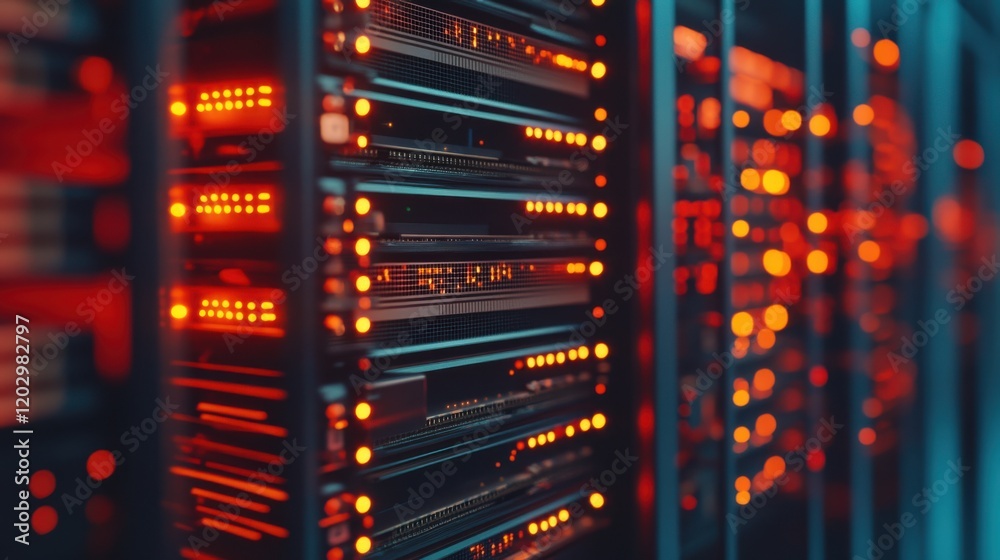 Close-up view of illuminated server racks in a data center with glowing lights and technology