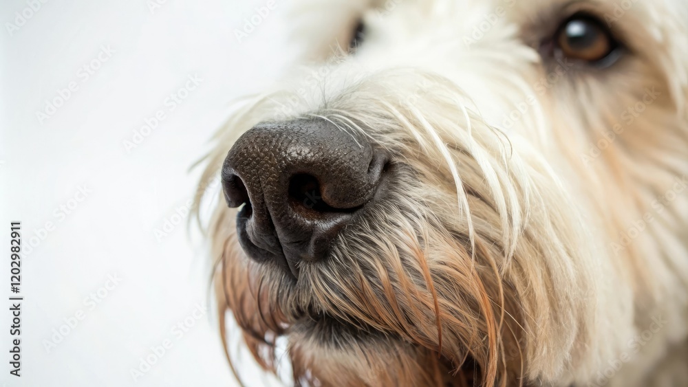 Close-up of white and brown Irsh Soft Coated Wheaten Terrier nose, sniffing, irish soft coated wheaten terrier Close-up of white and brown Irsh Soft Coated Wheaten Terrier nose, sniffing, irish soft coated wheaten terrier