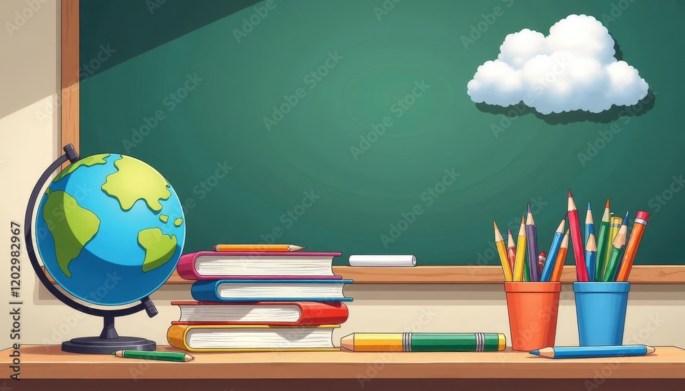 Cartoon of school supplies with globe and pencils near books and chalk board