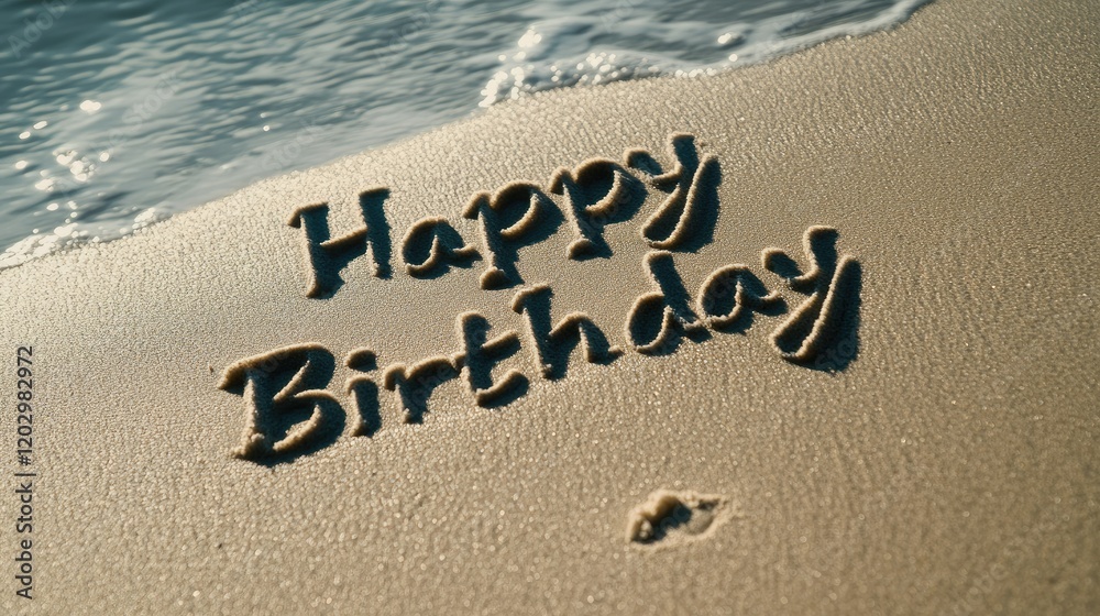 Fototapeta premium Birthday Wishes! A Handwritten Message in Smooth Sand with a Festive Lens Flare on a Serene Beach Shore