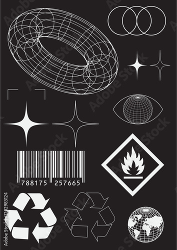Set of streetwear retro techno icon white element