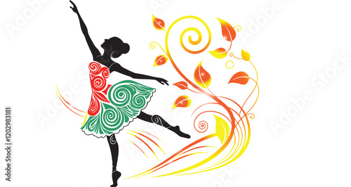 Ballerina Silhouette with Vibrant Floral and Swirl Design