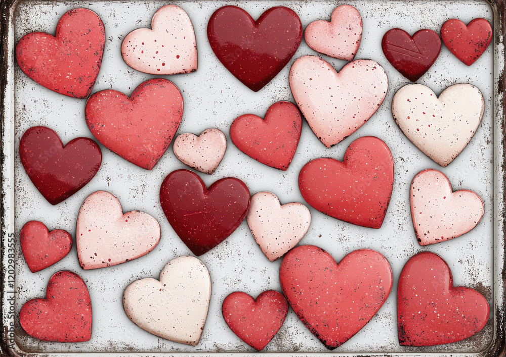 Obraz premium Heart shaped cookies in various shades of red and pink with speckled design on rustic baking tray
