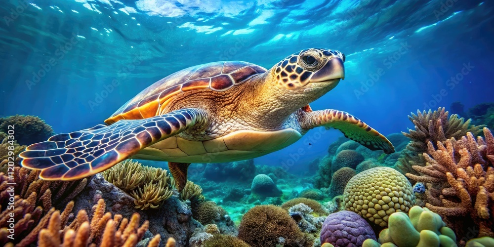 Fototapeta premium Close-up of a sea turtle swimming in the coral reef, marine, biology, swim