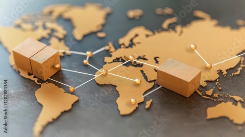 Glowing global map with cargo routes connecting major hubs, logistics network, 3D illustration