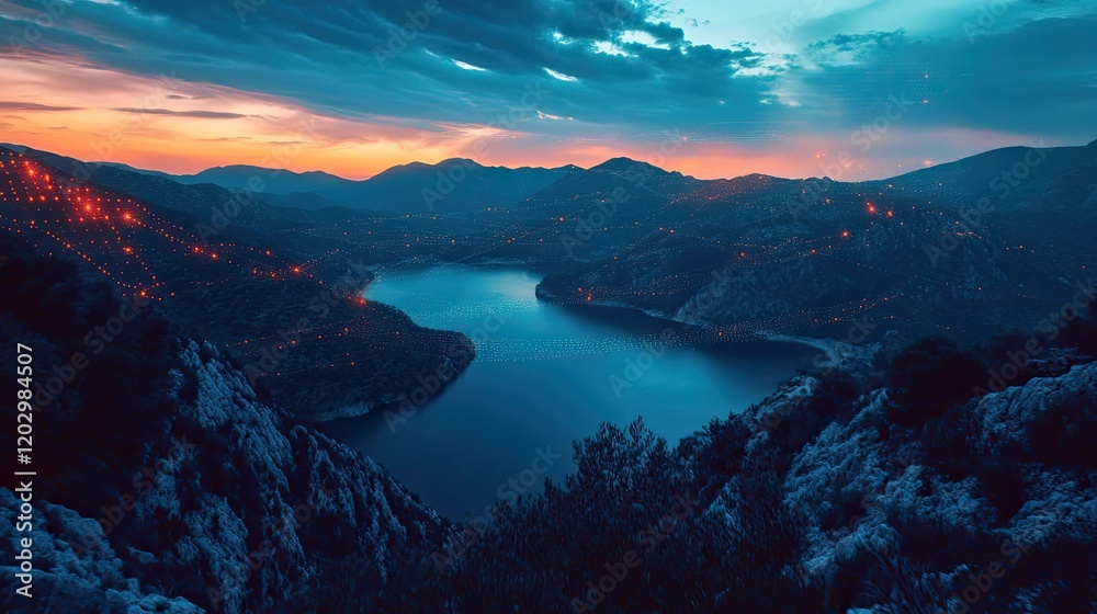 Illuminated Mountain Lake at Sunset Networked Lights Illuminated Mountain Lake at Sunset Networked Lights