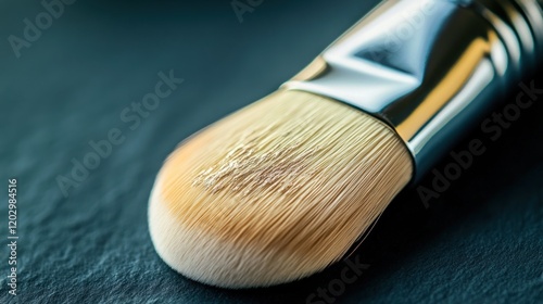 Closeup of a makeup brush with light beige bristles photo