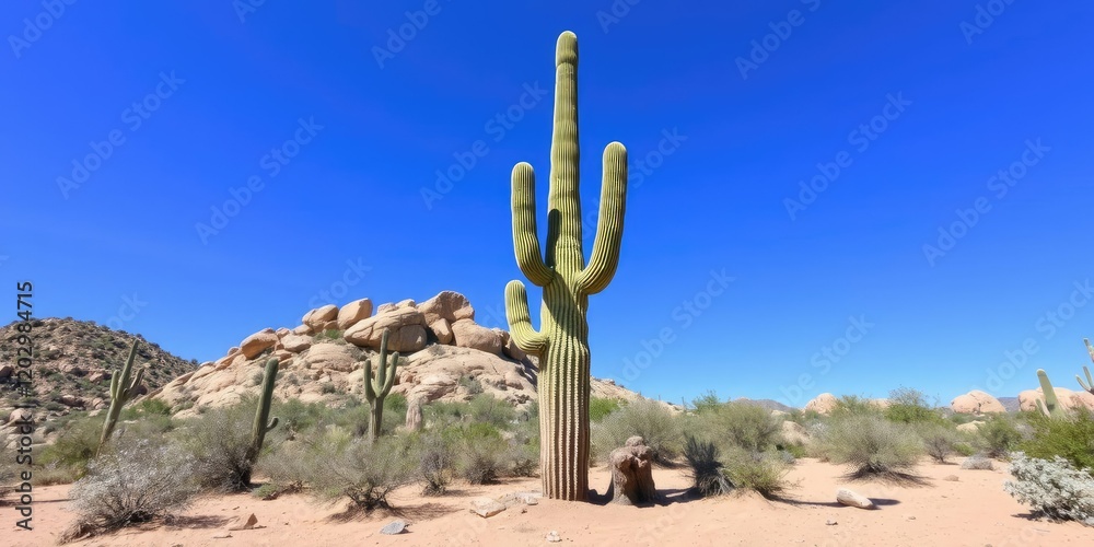 Clear blue sky above a majestic saguaro cactus standing in sandy soil against a rocky outcrop, saguaro cactus, natural scenery Clear blue sky above a majestic saguaro cactus standing in sandy soil against a rocky outcrop, saguaro cactus, natural scenery