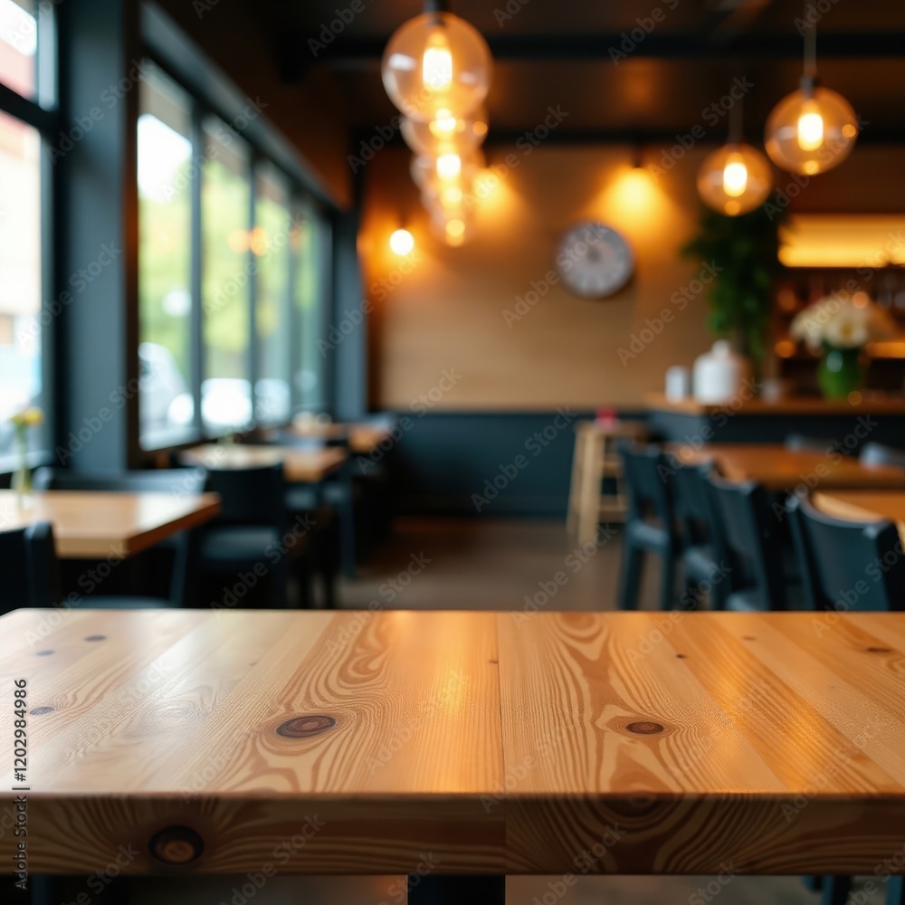 Empty wooden table sits isolated against a blurred background of restaurant decor, blur, interior, food Empty wooden table sits isolated against a blurred background of restaurant decor, blur, interior, food