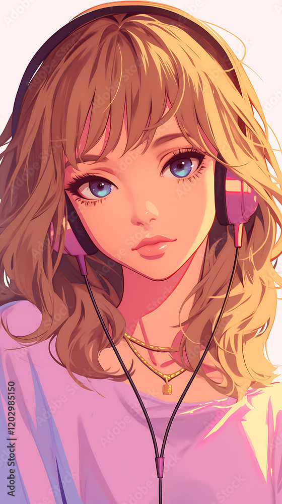 Young anime woman with headphones smiles gently, against a pastel background, evoking serenity Young anime woman with headphones smiles gently, against a pastel background, evoking serenity