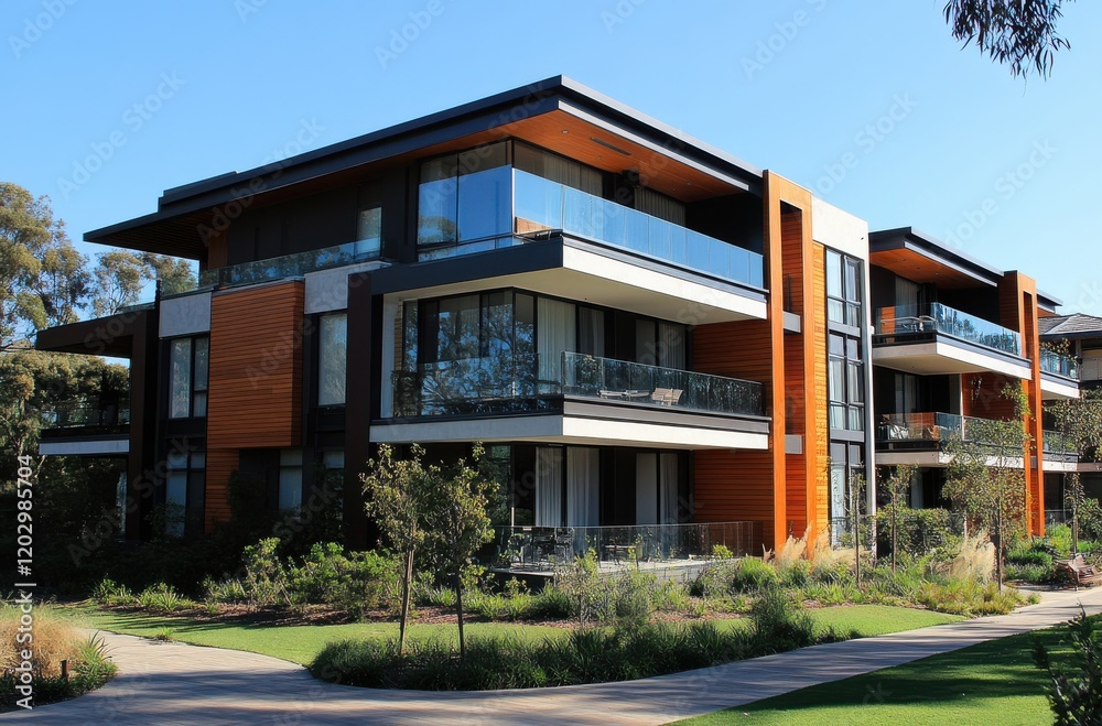 Modern Apartment Building with Sleek Design and Expansive Balconies Surrounded by Lush Green Landscaping in a Tranquil Urban Setting Under Clear Blue Sky Modern Apartment Building with Sleek Design and Expansive Balconies Surrounded by Lush Green Landscaping in a Tranquil Urban Setting Under Clear Blue Sky