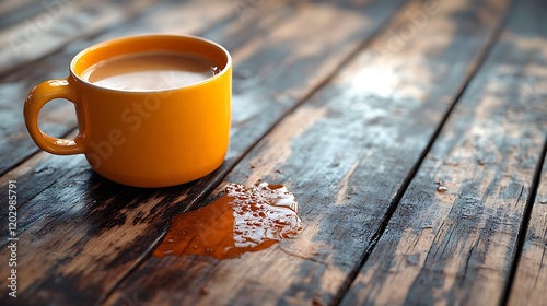 Spilled coffee on wood table, morning drink