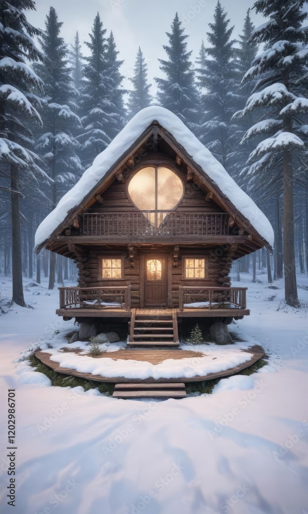Cabin with heart-shaped roof in snow-covered woods, decorative, cottage, heart Cabin with heart-shaped roof in snow-covered woods, decorative, cottage, heart