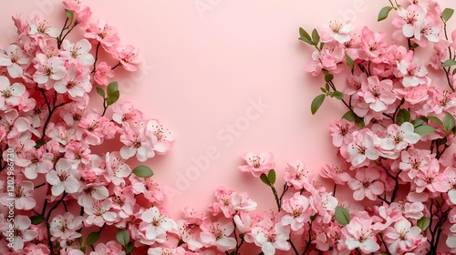 Wallpaper Mural Pink cherry blossoms frame on pastel background; spring floral arrangement, greeting card design Torontodigital.ca