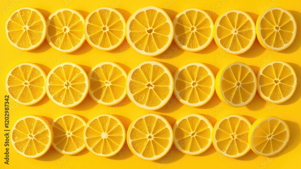 Bright yellow lemon slices arranged in rows on a sunny yellow background with sharp shadows, shadows, vibrant, fruit, background Bright yellow lemon slices arranged in rows on a sunny yellow background with sharp shadows, shadows, vibrant, fruit, background
